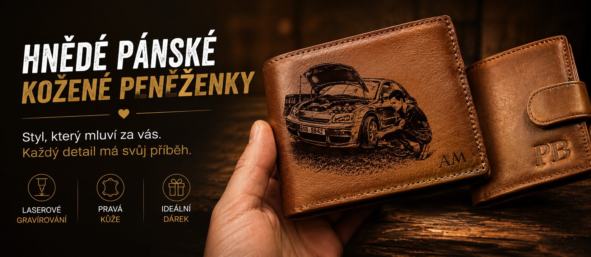 Hnědé pánské kožené peněženky s personalizací