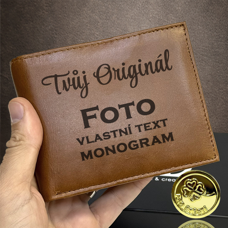 Prémiová kožená peněženka s gravírováním textu, fotky, věnování