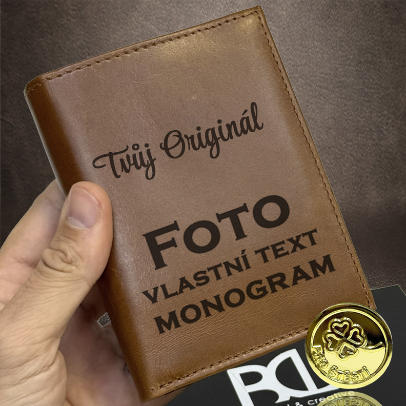 Luxusní kožená peněženka s vlastním textem, fotografií