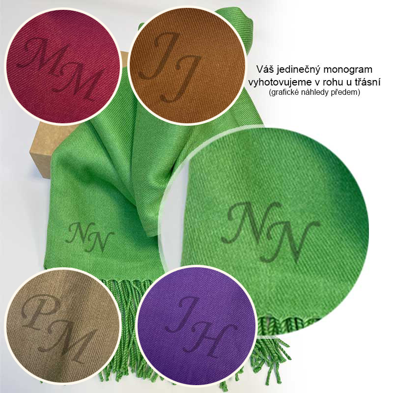 Luxusní pašmína s monogramem, velký šál s třásněmi, výběr barev