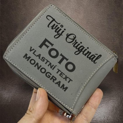 Pánská šedá kožená peněženka celá na zip Tiger Leather s monogramem a vlastním textem