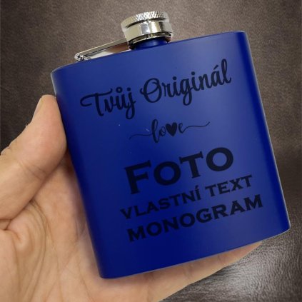 Placatka modrá 180ml z nerezu BEORIGINAL s vlastním monogramem, textem nebo fotkou