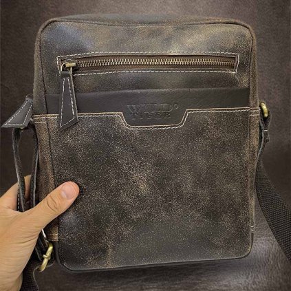 Pánská hnědá WILD Leather kožená crossbody messenger taška přes rameno | velikost XL extra velká