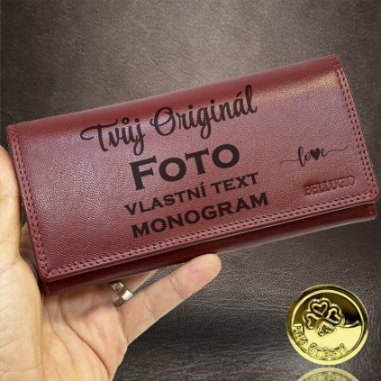 Dámská bordó kožená peněženka BELLUGIO Leather s monogramem, textem nebo fotkou + Akce - zlatá mince Pro štěstí ZDARMA