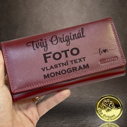 Dámská červená kožená peněženka BELLUGIO Leather s monogramem a vlastním textem + Akce - zlatá mince Pro štěstí ZDARMA
