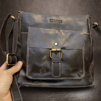 Pánská hnědá BELLUGIO Leather kožená crossbody messenger taška přes rameno | velikost L velká