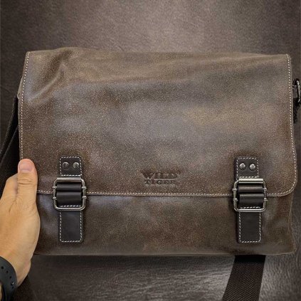 Pánská hnědá WILD Leather kožená business taška přes rameno | velikost XL extra velká