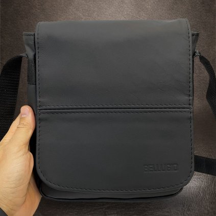 Pánská černá BELLUGIO Leather kožená crossbody messenger taška přes rameno | velikost L velká