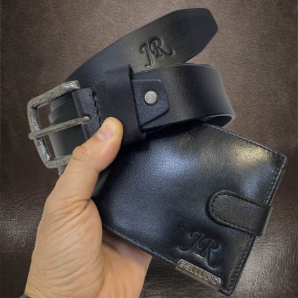 Pánský kožený set RFID Bellugio Leather černý kožená peněženka a kožený pásek s monogramem (ražba)