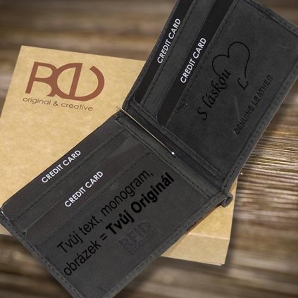 Černá kožená dolarovka BEORIGINAL Leather s monogramem a vlastním textem