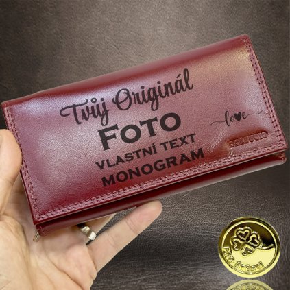 Dámská červená bordo kožená peněženka BELLUGIO LEATHER s monogramem a vlastním textem + Akce - zlatá mince Pro štěstí ZDARMA