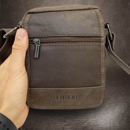 Pánská malá hnědá BELLUGIO Leather kožená crossbody messenger taška přes rameno | velikost XS malá
