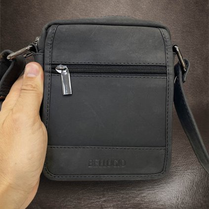 Pánská malá černá BELLUGIO Leather kožená crossbody messenger taška přes rameno | velikost XS malá