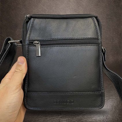 Pánská malá černá BELLUGIO Leather kožená crossbody messenger taška přes rameno | velikost S malá