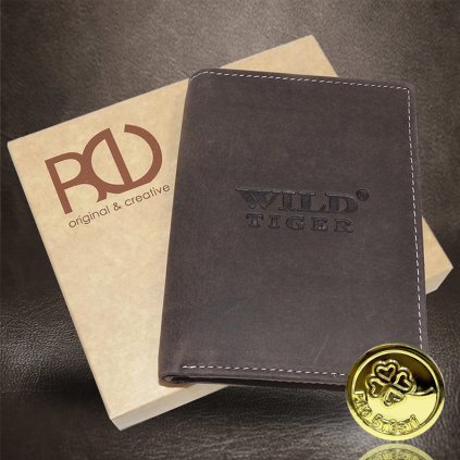 Pánská hnědá kožená peněženka Tiger Leather s monogramem (ražba) + Akce - zlatá mince Pro štěstí ZDARMA