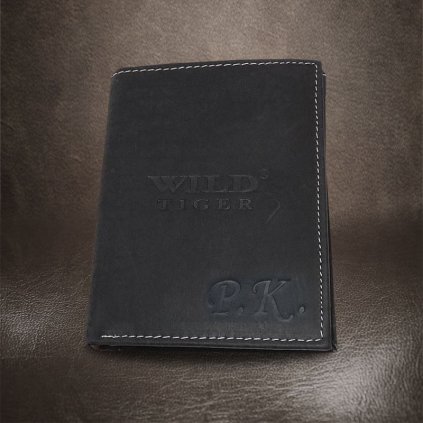 Pánská černá kožená peněženka Tiger Leather s monogramem (ražba)