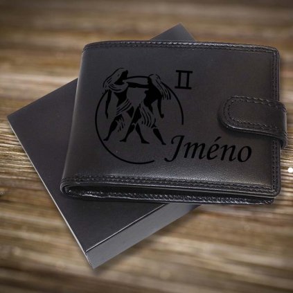 AKCE - zvěrokruh (22. 5. – 21. 6.) BLÍŽENCI a jméno na pánské kožené peněžence Premium Leather + mince pro štěstí