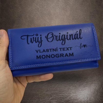 Dámská modrá kožená peněženka TILLBERG s monogramem a vlastním textem