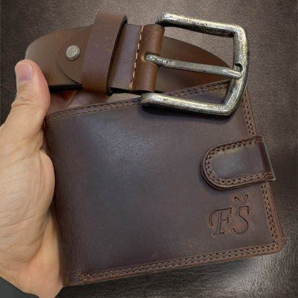 Pánský kožený set PREMIUM RFID Premium Leather hnědý kožená peněženka a kožený pásek s monogramem (ražba)