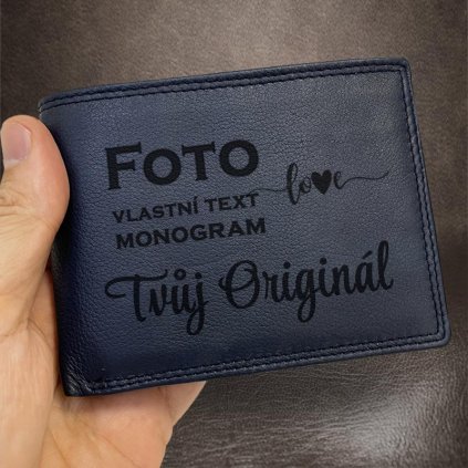 Pánská modrá kožená peněženka BEORIGINAL Leather RFID s vlastním monogramem, textem nebo fotkou