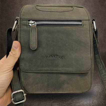 Pánská šedo zelená TILLBERG Leather kožená crossbody messenger taška přes rameno | velikost S malá