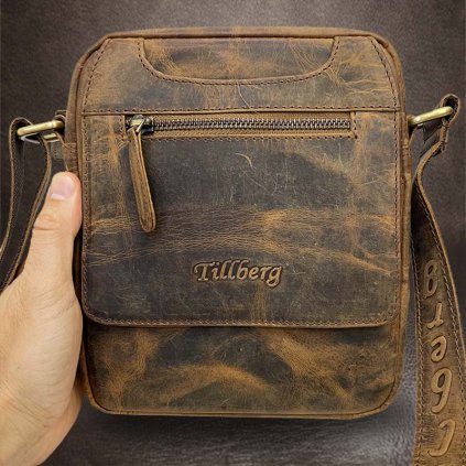 Pánská hnědá TILLBERG Leather kožená crossbody messenger taška přes rameno | velikost S malá