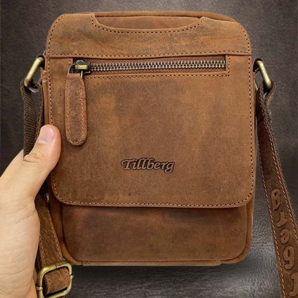 Pánská hnědá TILLBERG Leather kožená crossbody messenger taška přes rameno | velikost S malá