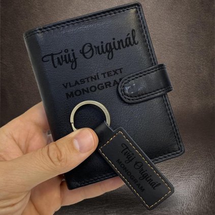 Pánský černý kožený set peněženky a klíčenky s vlastním monogramem, textem, fotkou