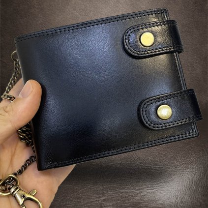 Pánská černá kožená peněženka s řetízkem ROYAL Leather s monogramem (ražba)