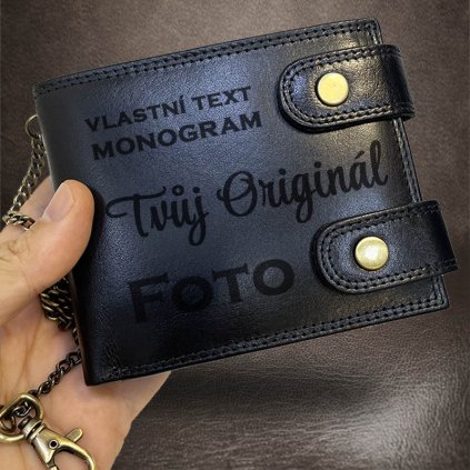 Pánská černá kožená peněženka s řetízkem ROYAL Leather RFID s monogramem, textem nebo fotkou