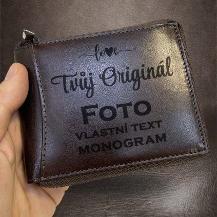 Pánská tmavě hnědá kožená peněženka ZIPPER ROYAL Leather s monogramem, textem nebo fotkou