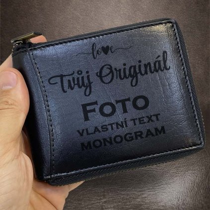 Pánská černá kožená peněženka ZIPPER ROYAL Leather s monogramem, textem nebo fotkou
