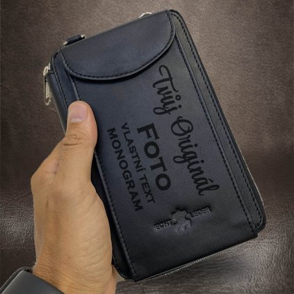 Univerzální 2v1 černá kožená peněženka, taška, kabelka s monogramem, vlastním textem a fotkou
