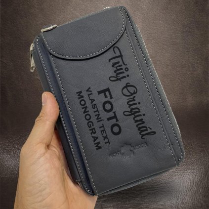 Univerzální 2v1 šedá kožená peněženka, taška, kabelka s monogramem, vlastním textem a fotkou