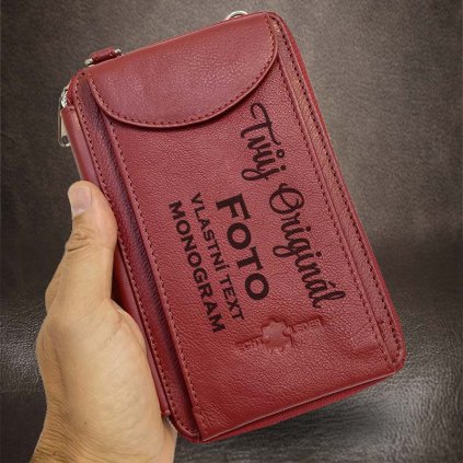 Univerzální 2v1 červená kožená peněženka, taška, kabelka s monogramem, vlastním textem a fotkou