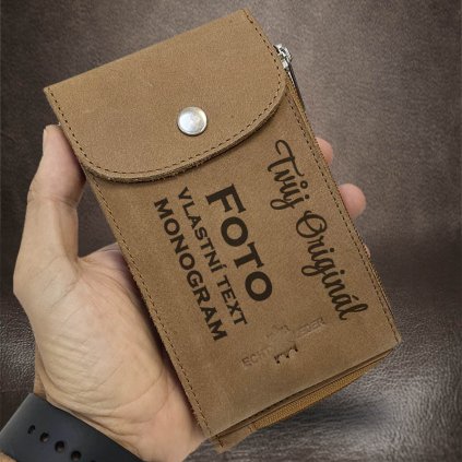 Univerzální 2v1 hnědá kožená peněženka, taška, kabelka s monogramem, vlastním textem a fotkou