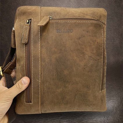 Pánská hnědá BELLUGIO Leather kožená crossbody messenger taška přes rameno | velikost L velká