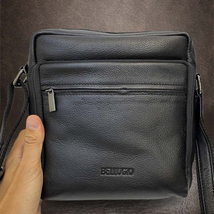Pánská černá BELLUGIO Leather kožená crossbody messenger taška přes rameno | velikost L velká