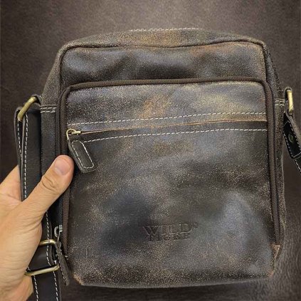 Pánská hnědá WILD Leather kožená crossbody messenger taška přes rameno | velikost L velká