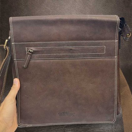 Pánská tmavě hnědá TILLBERG Leather kožená crossbody messenger taška A4 přes rameno | velikost XL extra velká