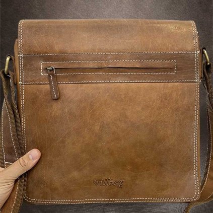 Pánská hnědá TILLBERG Leather kožená crossbody messenger taška A4 přes rameno | velikost XL extra velká