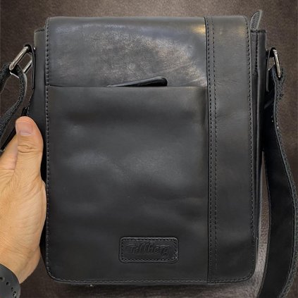 Exkluzivní prémiová černá TILLBERG Leather kožená crossbody messenger taška přes rameno | velikost L velká