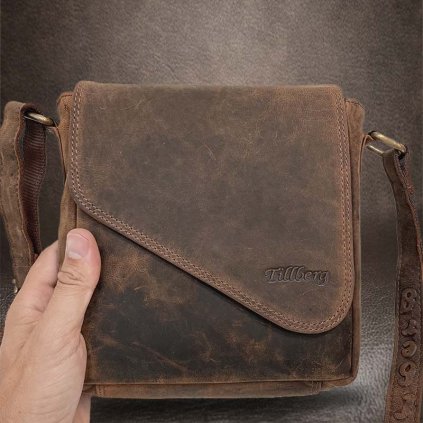 Pánská hnědá TILLBERG Leather kožená crossbody messenger taška přes rameno | velikost S malá