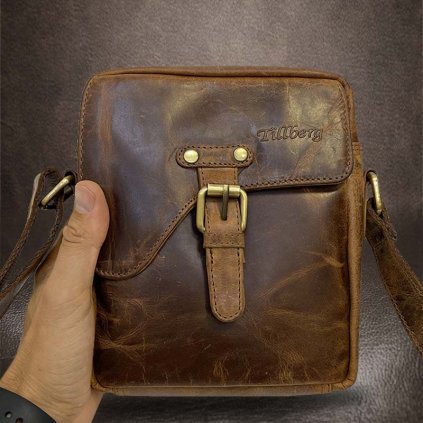 Pánská hnědá TILLBERG Leather kožená crossbody messenger taška přes rameno | velikost S malá
