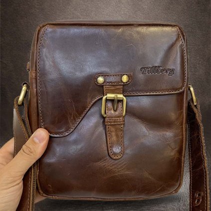Pánská hnědá TILLBERG Leather kožená crossbody messenger taška přes rameno | velikost M středně velká