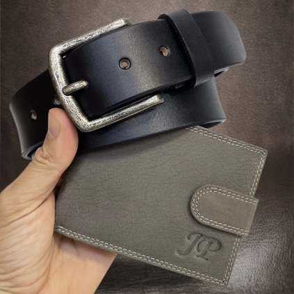 Pánský kožený šedo černý set BEORIGINAL Leather kožená peněženka a kožený pásek s monogramem (ražba)