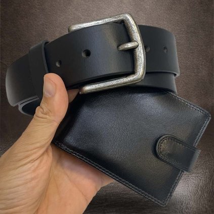 Pánský kožený set černý EXCLUSIVE RFID ROYAL Leather kožená peněženka a kožený pásek s monogramem (ražba)