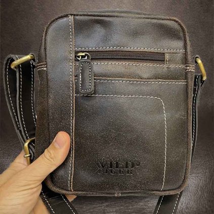 Pánská malá hnědá WILD Leather kožená crossbody messenger taška přes rameno | velikost S malá