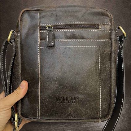 Pánská hnědá WILD Leather kožená crossbody messenger taška přes rameno | velikost L velká