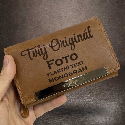 Dámská prémiová hnědá kožená peněženka TILLBERG LEATHER RFID s monogramem, vlastním textem nebo fotkou